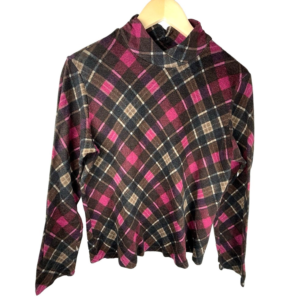 Kim Rogers Size Large Pink Brown Plaid Mock Turtleneck knit top‎ long sleeves